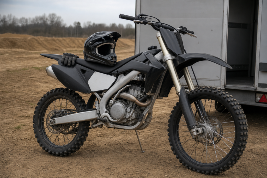 Moto cross non homologuée garée sur un terrain de terre, plaque d'identification sur le cadre, casque et gants sur la selle
