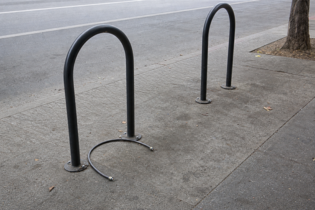 Antivol à câble coupé au pied d'un arceau vide, après le vol d'une trottinette électrique dans la rue