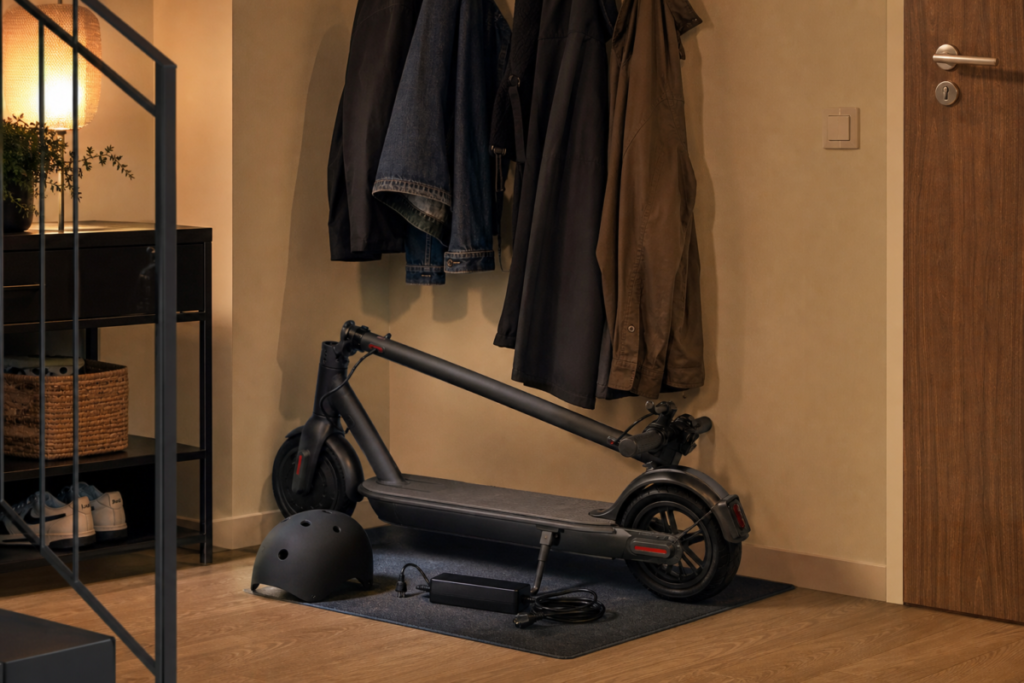 Trottinette électrique pliée et rangée dans l'entrée d'un appartement, chargeur et casque à côté