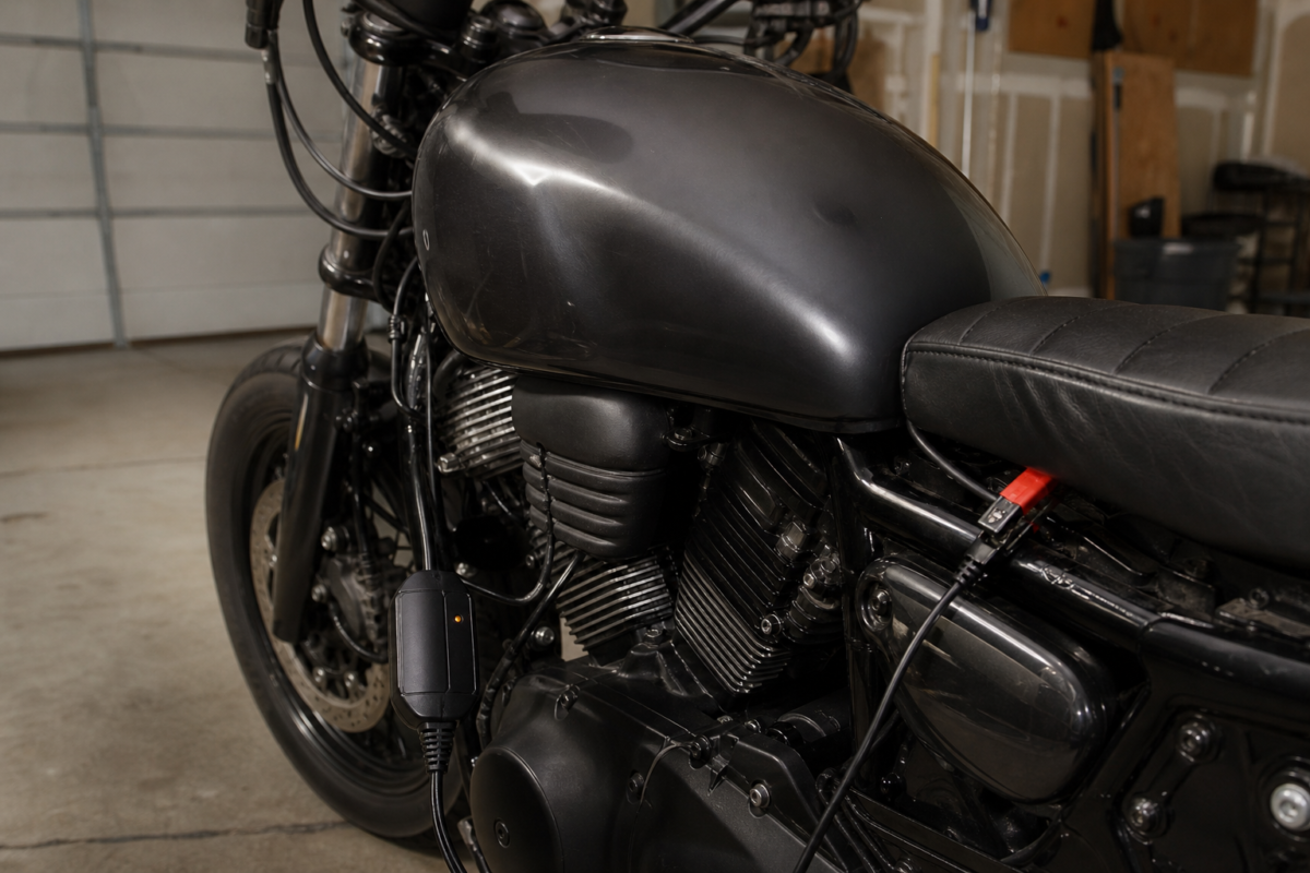 Chargeur de batterie branché sur une moto à l'arrêt pendant l'hivernage