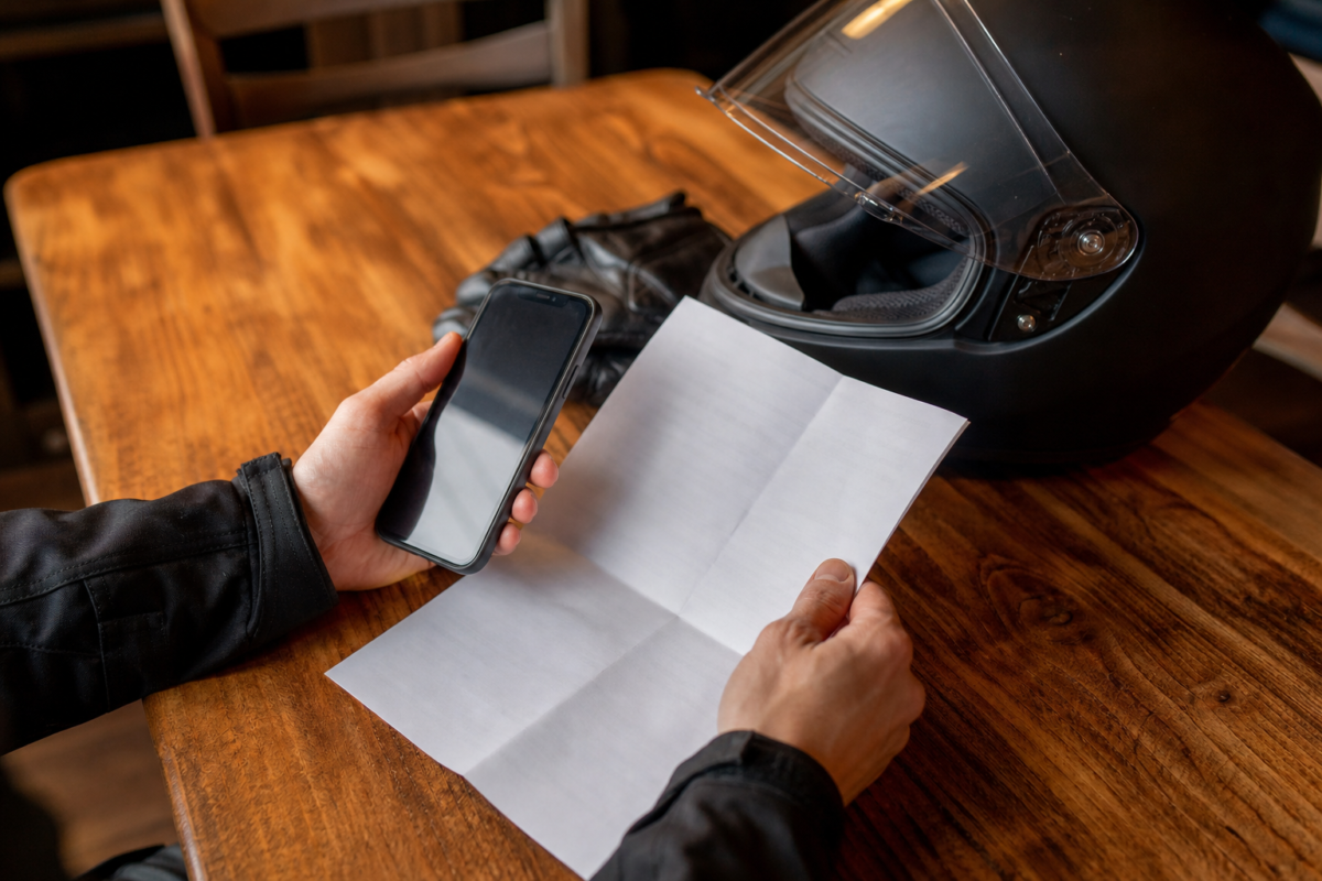 Casque de moto, téléphone et document d'assurance posés sur une table avant de contacter l'assureur