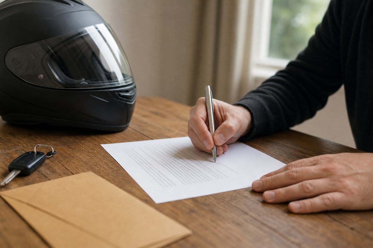 Lettre de résiliation d'assurance moto signée sur une table, à côté d'une clé et d'un casque de moto