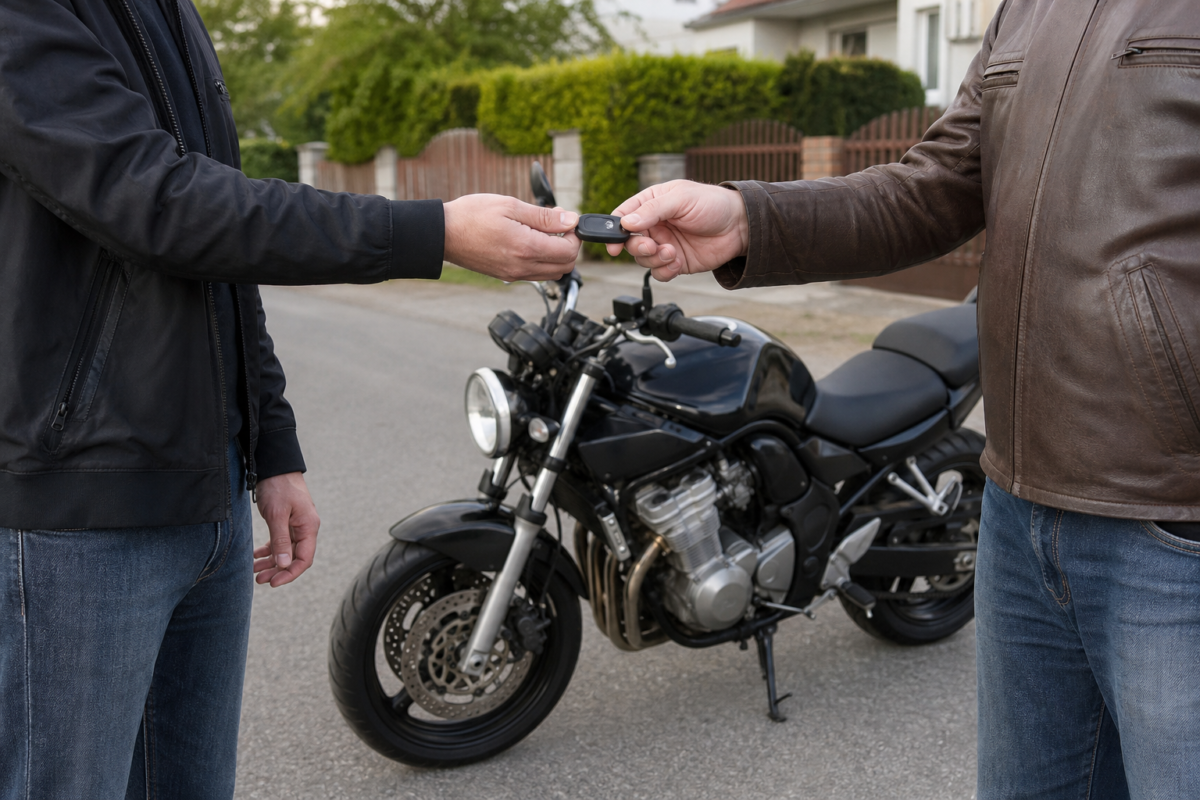 Remise de la clé d'une moto routière à son acheteur lors d'une vente entre particuliers