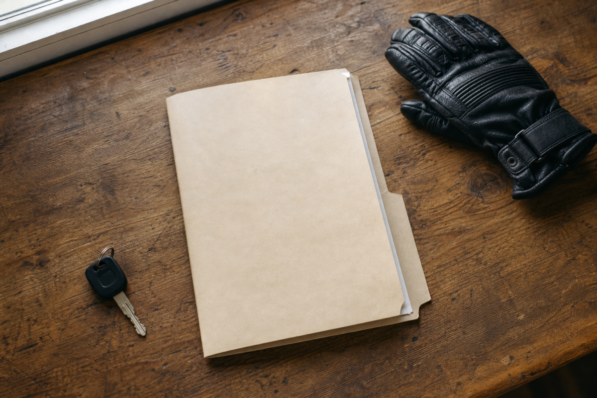 Clé de moto, gant et chemise de documents posés sur une table en bois