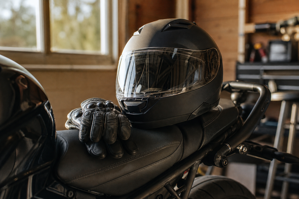 Casque et gants de moto posés sur la selle d'une moto garée